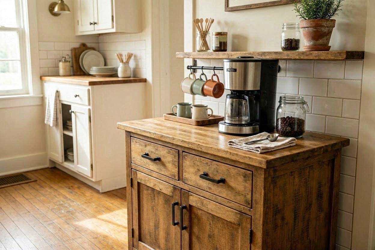 Upcycled furniture turned into a DIY coffee station