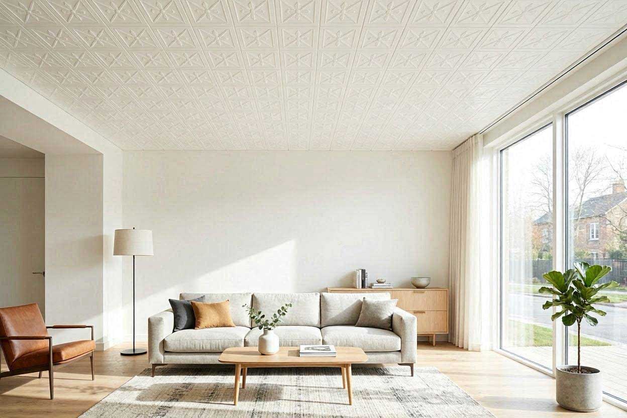 A bright modern living room featuring elegant white decorative patterned tiles as an alternative ceiling covering solution.