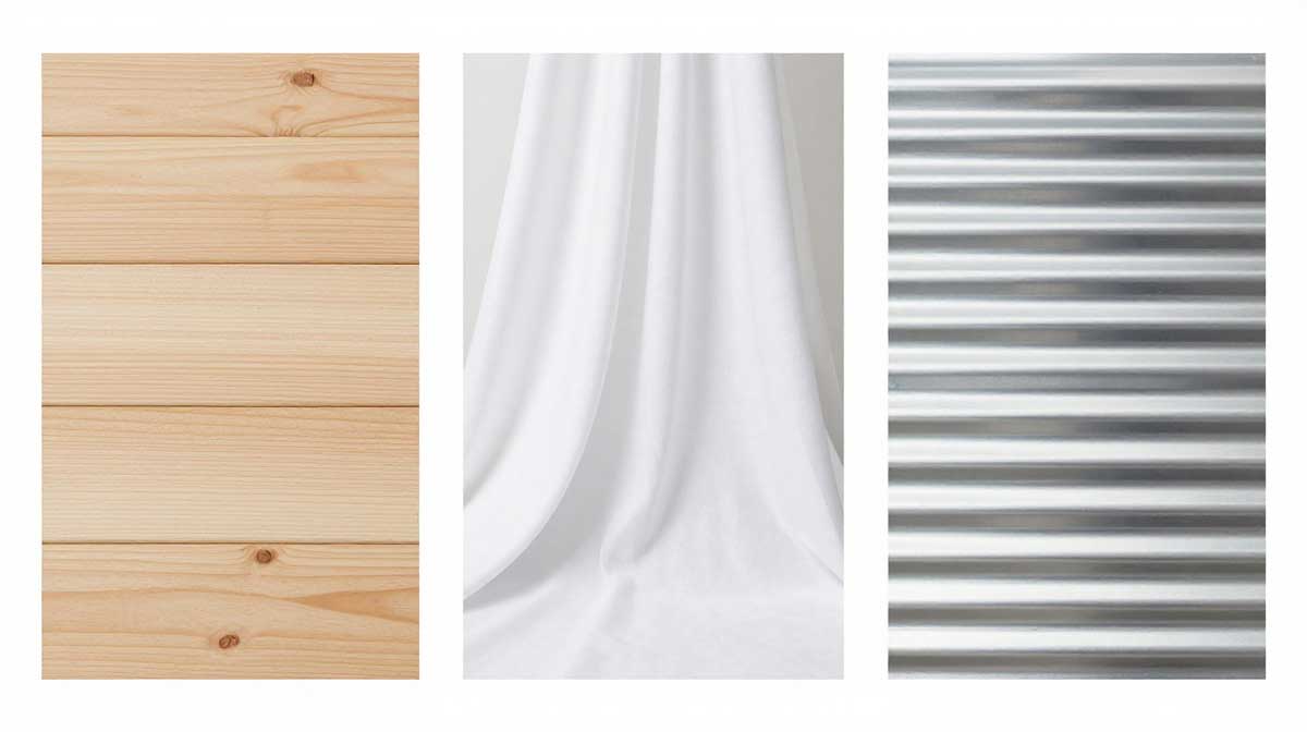 A visual comparison guide displaying three different ceiling materials including wood planks, fabric drapes, and corrugated metal.