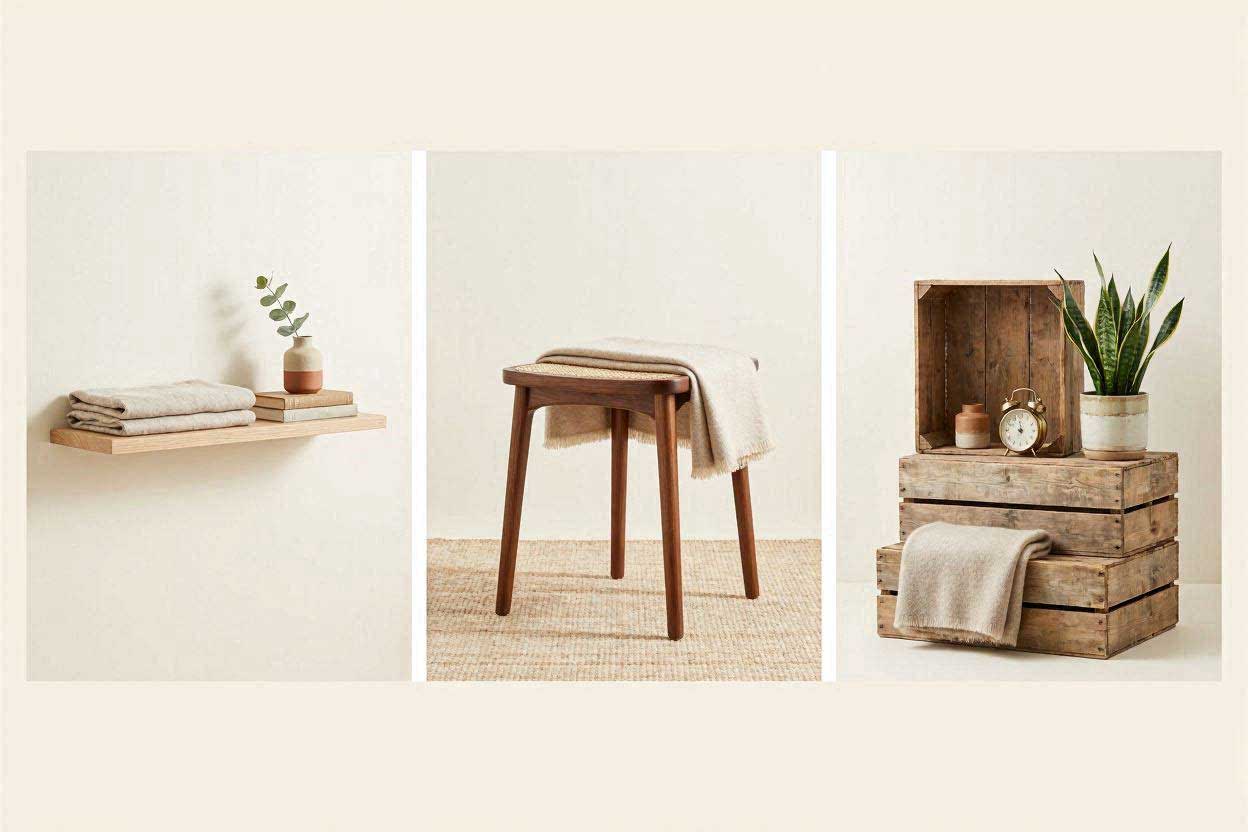 A comparison guide collage displaying a floating shelf, a wooden stool, and a wooden crate as bedside storage alternatives.