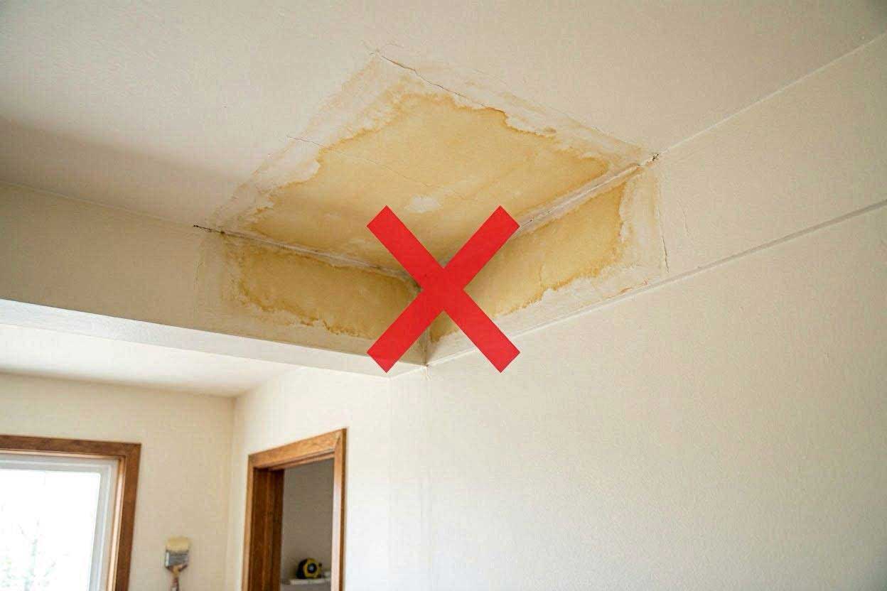 An educational home improvement graphic showing why you should fix an old water stain leak before covering a ceiling.