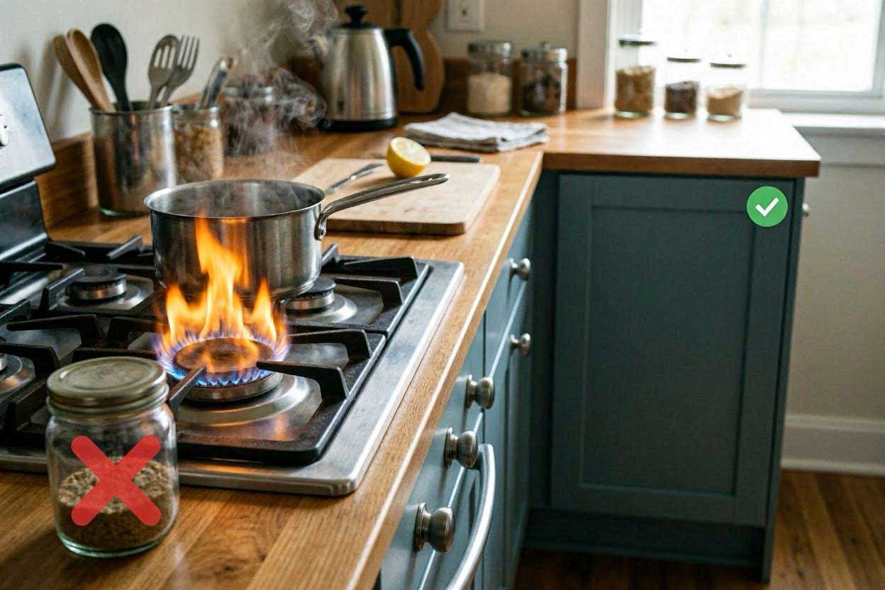 An illustrative photo demonstrating why spices should be kept away from stove burners and heat sources to prevent clumping.