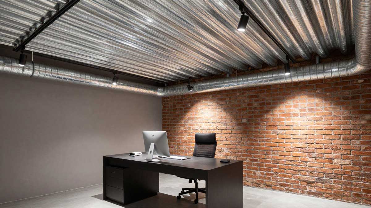 A modern industrial basement office utilizing corrugated galvanized metal sheets to cover structural ceiling pipes.