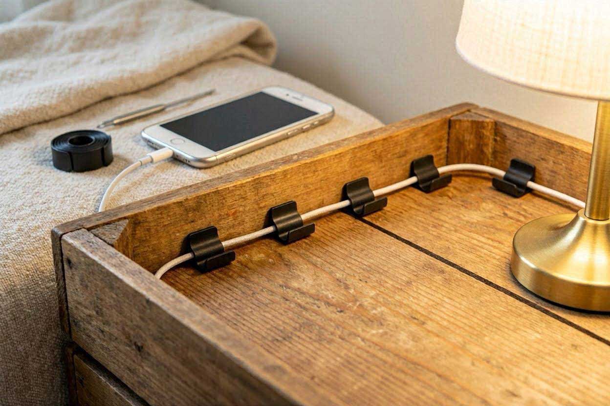 Small adhesive cable clips hiding a phone charging wire down the back of a repurposed wooden crate nightstand.