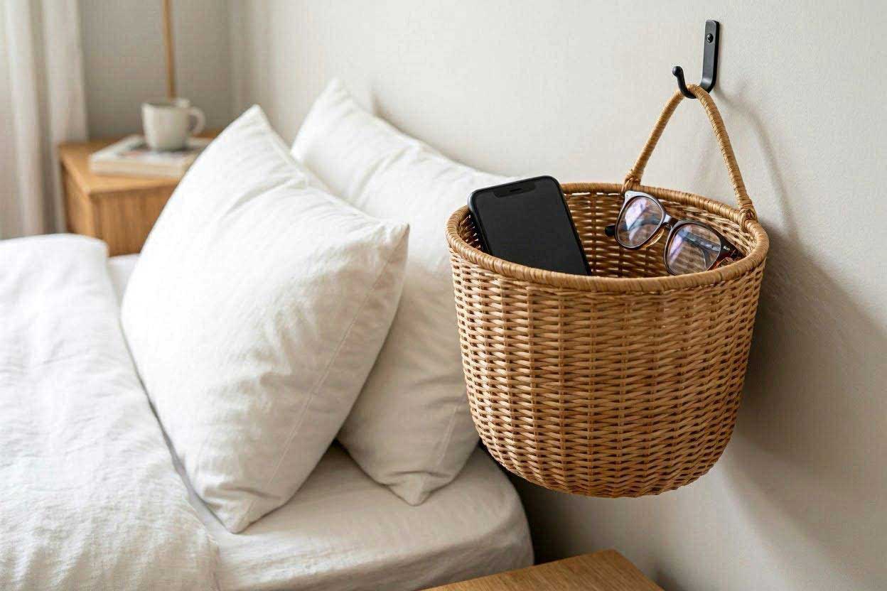 A small woven rattan storage basket hanging on a bedroom wall used as an ultra-compact bedside storage pocket.