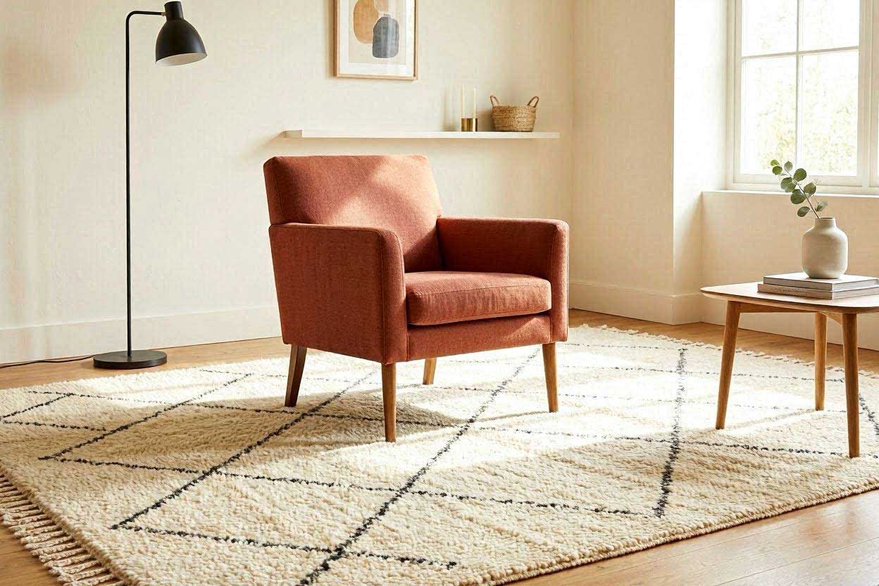 A large cream Moroccan area rug used to anchor a standalone rust orange accent chair in a living room.
