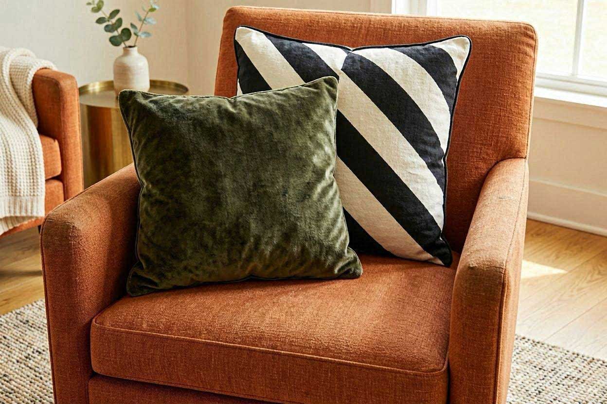 A black and white geometric throw pillow and olive green cushion styled on top of a rust armchair.