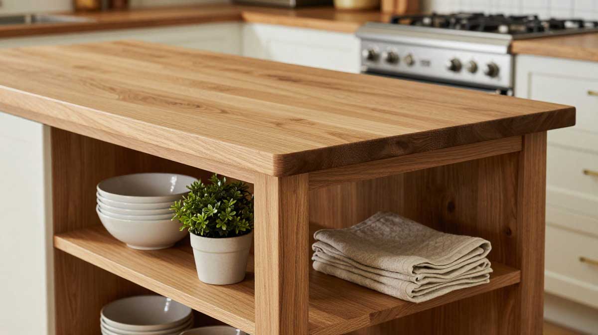 A solid oak butcher block top on a small kitchen island featuring side open shelving with ceramic bowls and a potted plant.