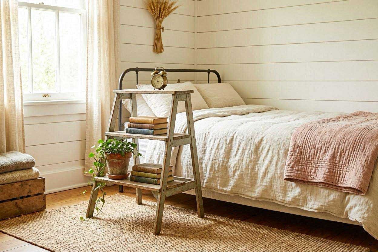An upcycled vintage wooden stepladder used as a creative three-tier cheap alternative nightstand.