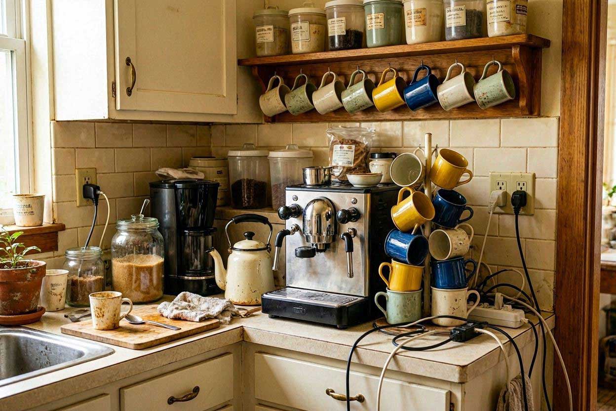 Coffee Station Mistakes to Avoid Cluttered coffee station in a small kitchen corner