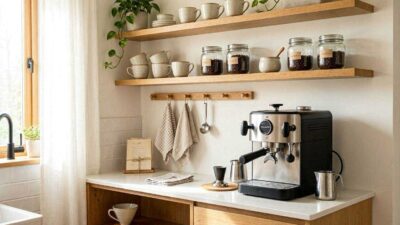 Stylish coffee station in a small kitchen corner