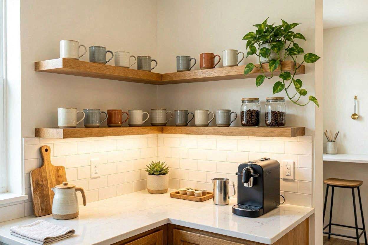 Corner Coffee Station with Floating Shelves Coffee station with floating shelves in a corner