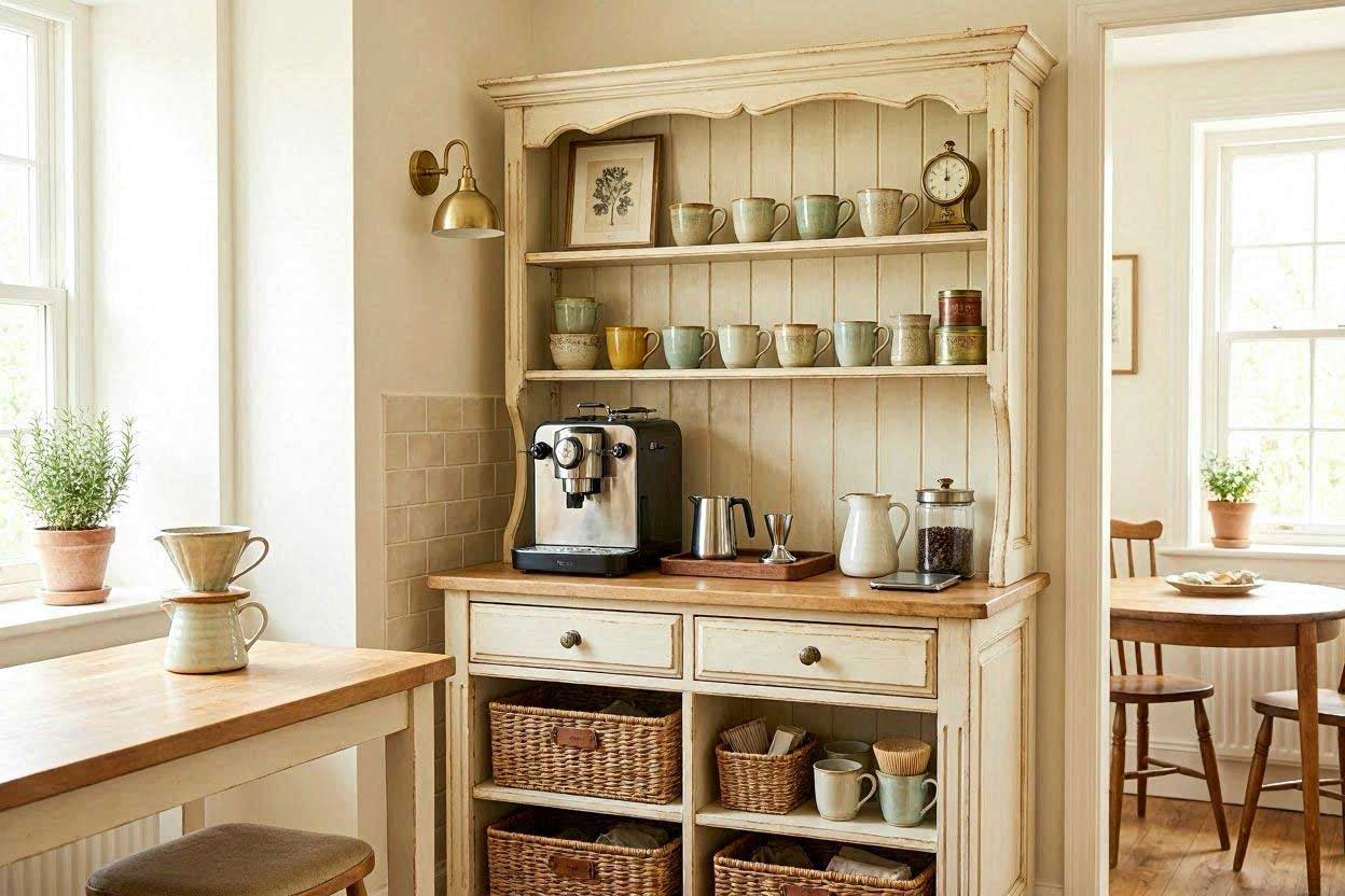 Corner Hutch Coffee Bar Freestanding corner hutch used as a coffee station