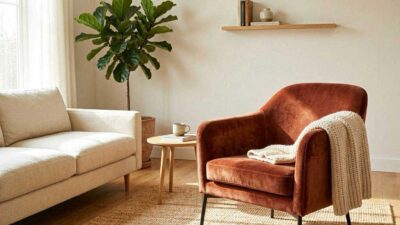 A warm modern living room featuring a cozy rust velvet accent chair with a cream throw blanket in a sunlit corner.