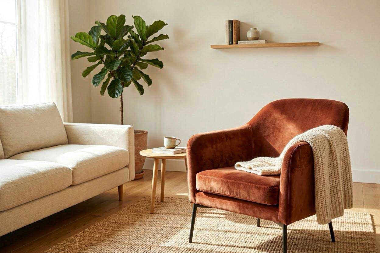 A warm modern living room featuring a cozy rust velvet accent chair with a cream throw blanket in a sunlit corner.