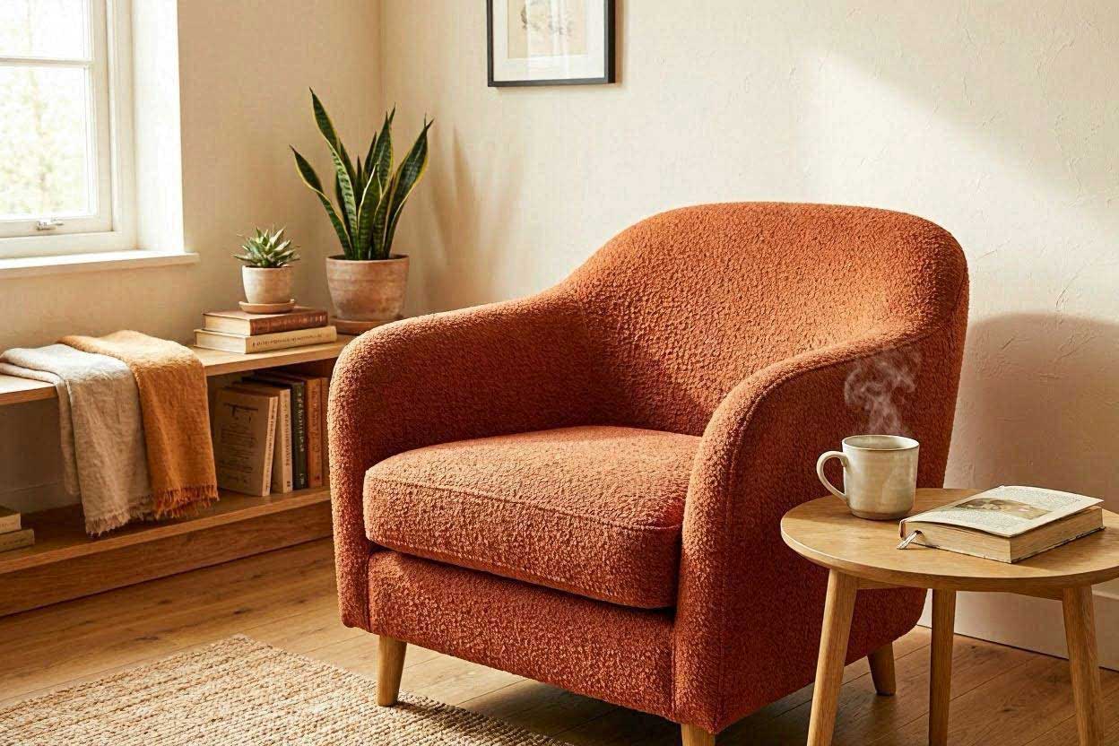 A casual reading corner featuring a highly textured rust orange boucle accent chair and a wooden side table.