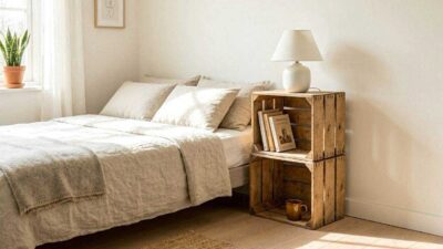A bright minimalist small bedroom featuring two stacked upcycled wooden crates used as a creative alternative nightstand next to the bed.