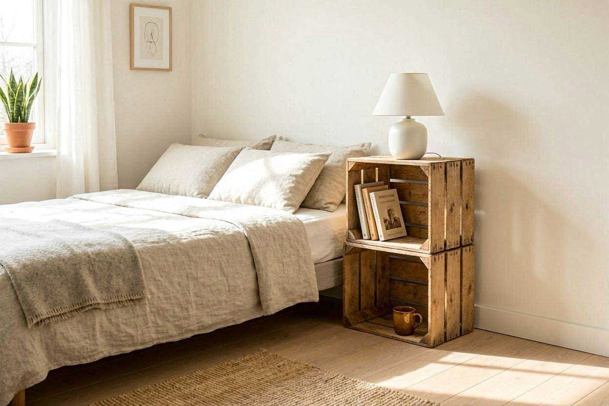A bright minimalist small bedroom featuring two stacked upcycled wooden crates used as a creative alternative nightstand next to the bed.
