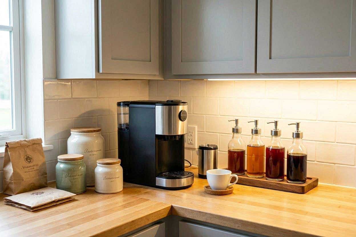 Diagonal Corner Coffee Station Layout Diagonal coffee station layout in a small kitchen