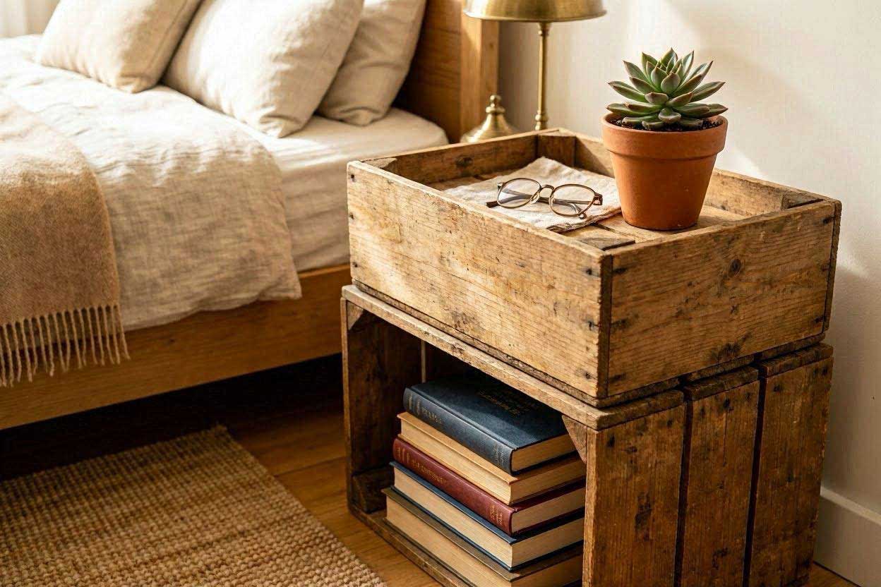 Vertical stacked vintage wooden crates used as a rustic DIY alternative nightstand holding books and a plant.