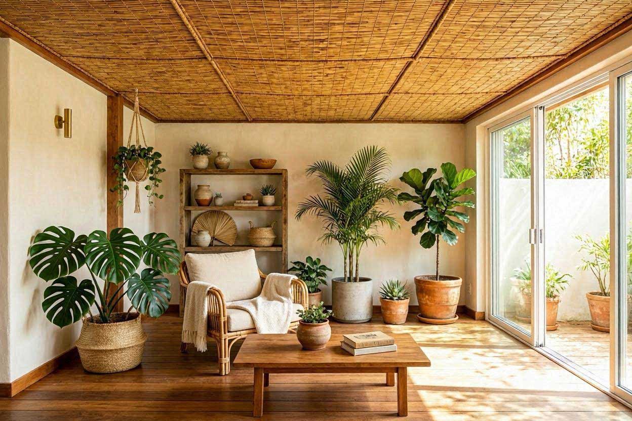 A tropical sunroom featuring an organic woven bamboo reed mat installed as a creative DIY ceiling cover.
