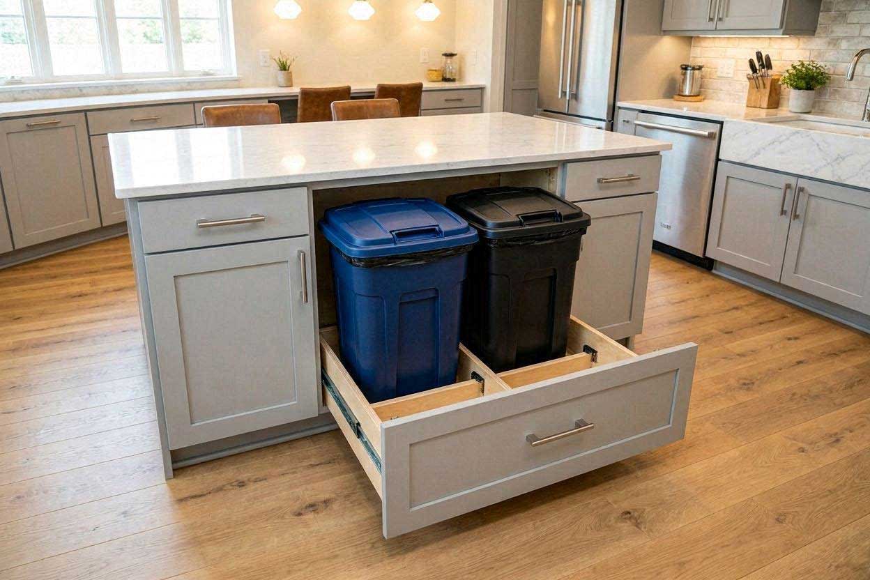 A double-bin recycler system pulled out from a kitchen island cabinet showing separate compartments for trash and recycling.