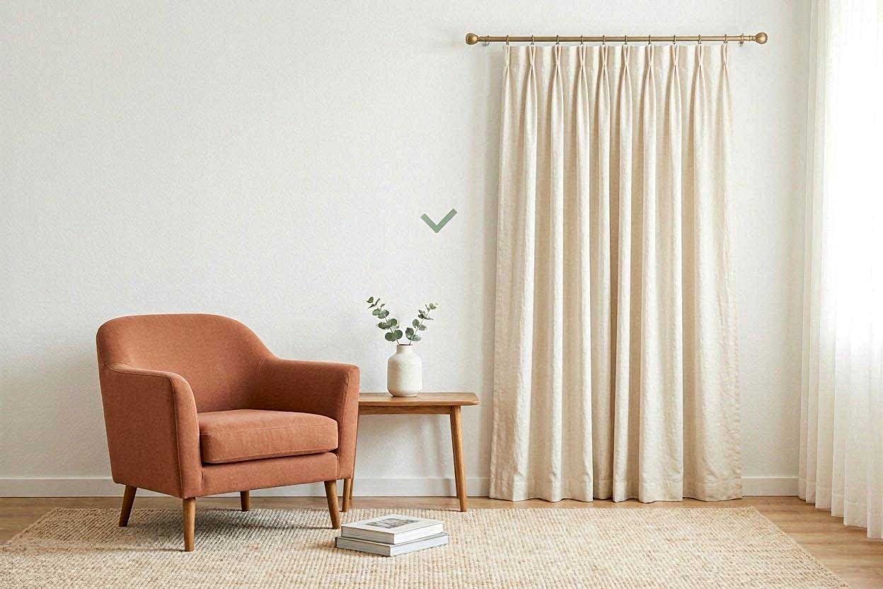 A well-balanced living room color scheme using cream and gray neutrals to complement a rust armchair.