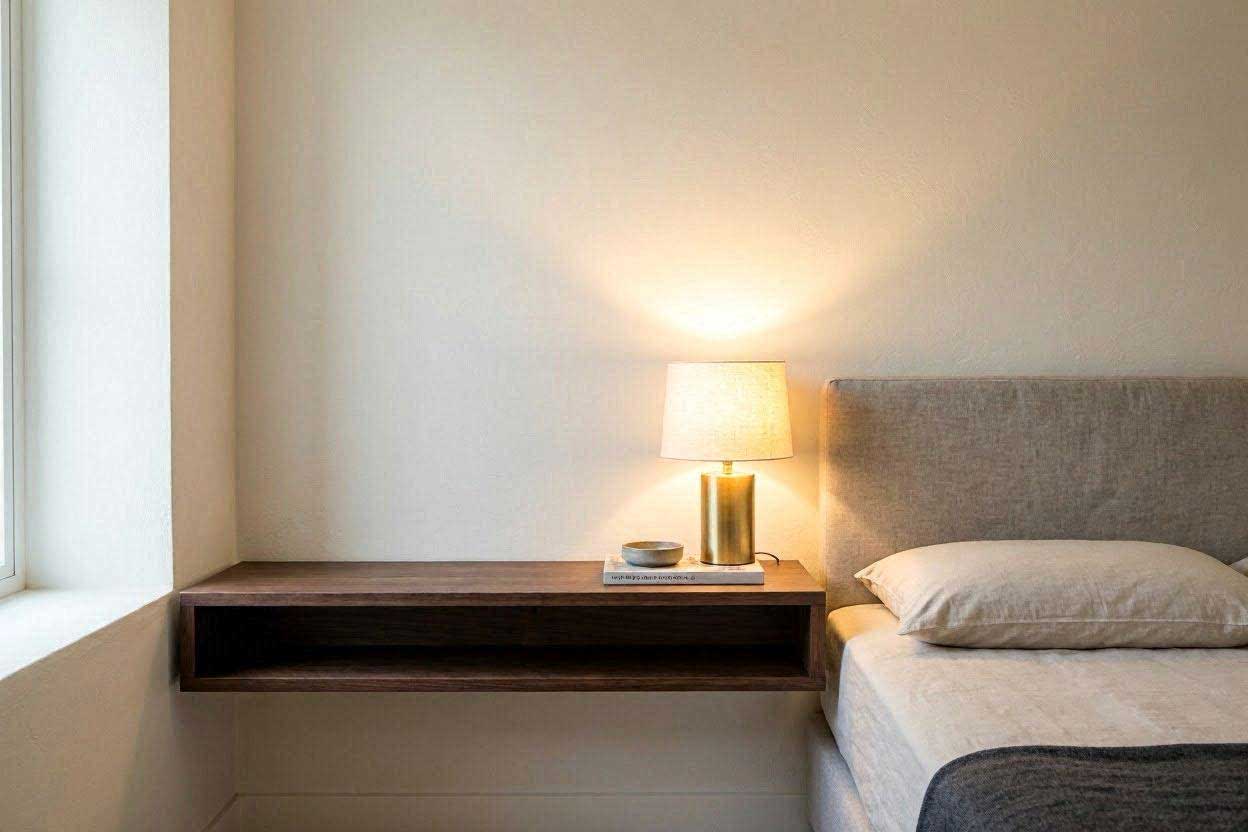 A dark walnut floating wall shelf mounted beside a bed as a space-saving minimalist nightstand idea.