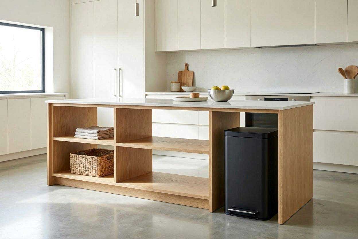 A freestanding wooden kitchen island table with a matte black step-on waste bin tucked neatly onto the lower shelf.