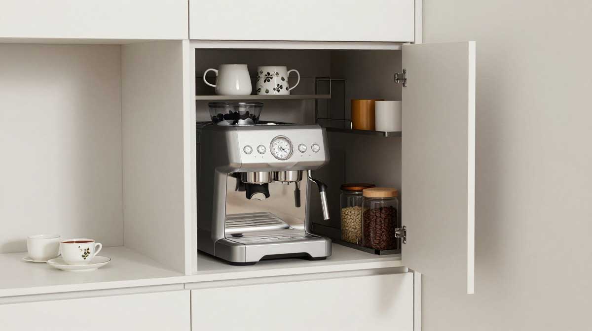 Hidden Corner Coffee Station Hidden coffee station inside a kitchen cabinet