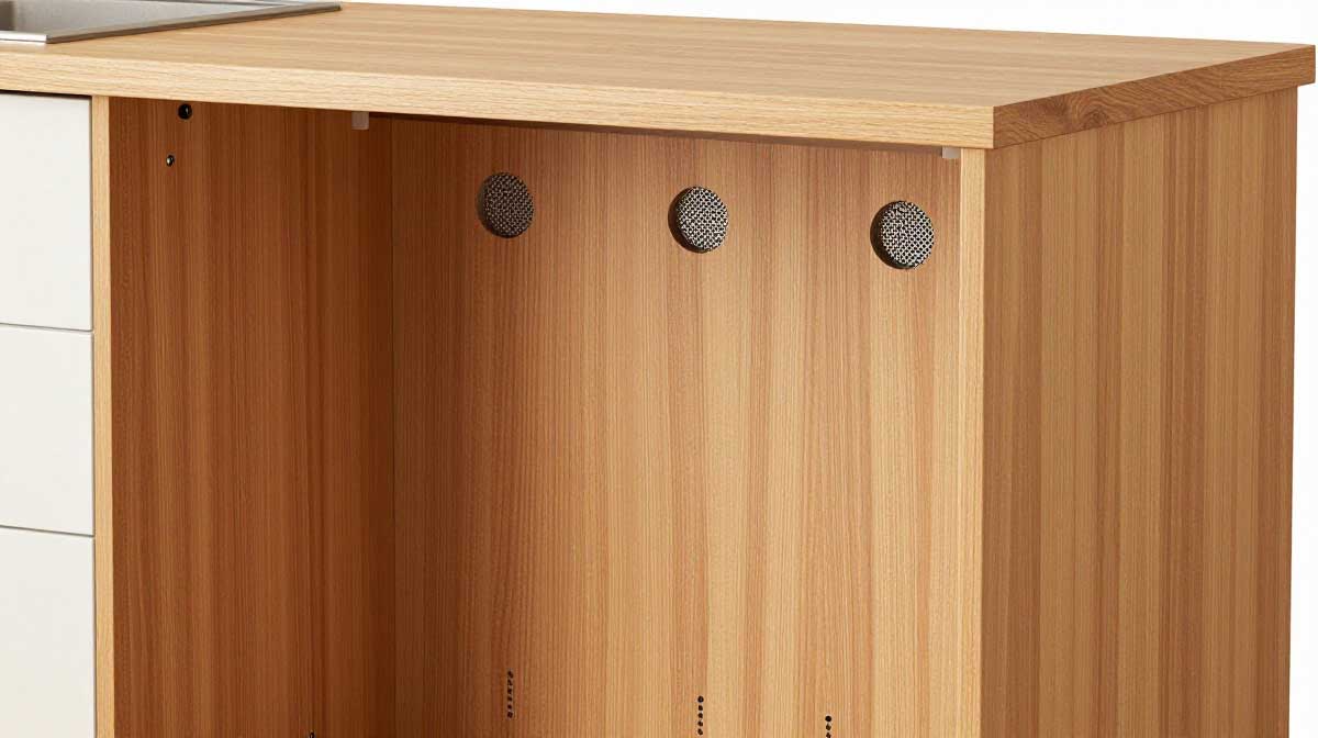 Small circular ventilation holes drilled into the back of a kitchen island cabinet to prevent odor and moisture buildup from a trash can.