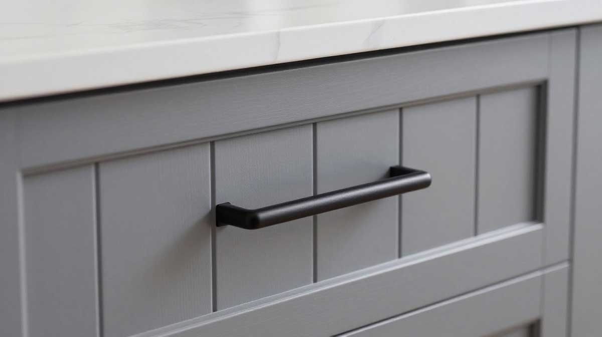 Close-up of vertical shiplap decorative end panels and a modern matte black handle pull on a kitchen island cabinet drawer.