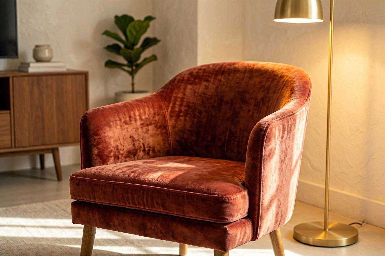 Close-up of a premium rust velvet accent chair showing the rich texture of the fabric under warm lighting.