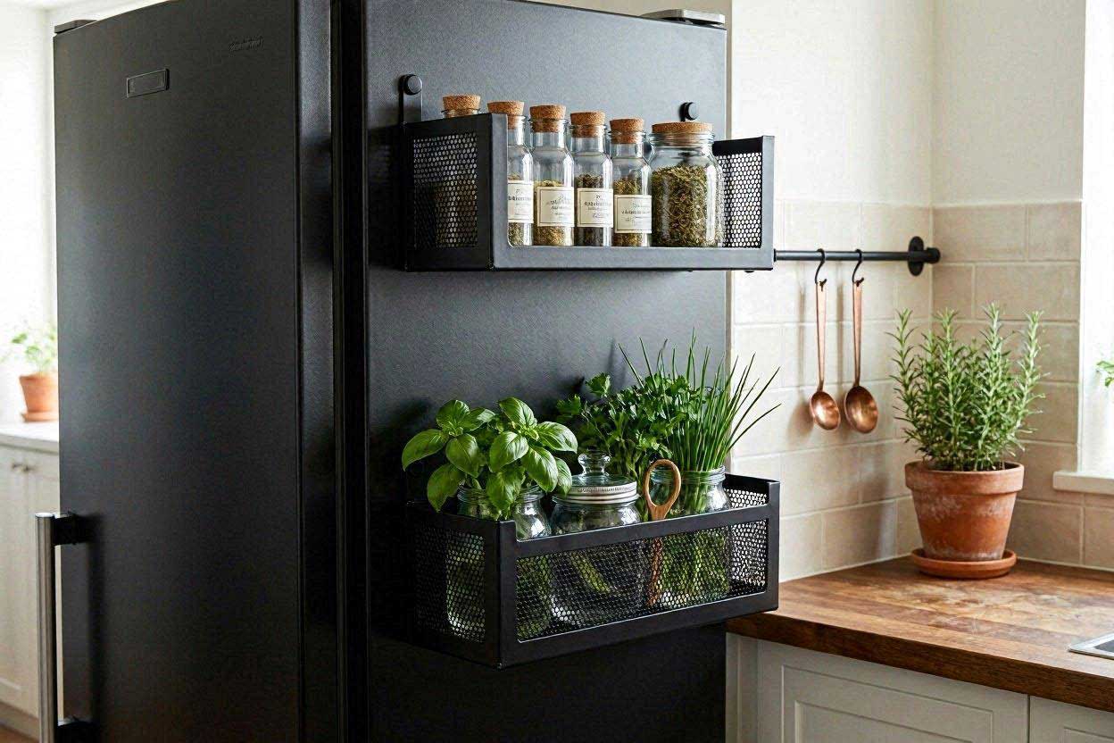 Matte black magnetic storage baskets attached to a refrigerator side panel holding spice containers.