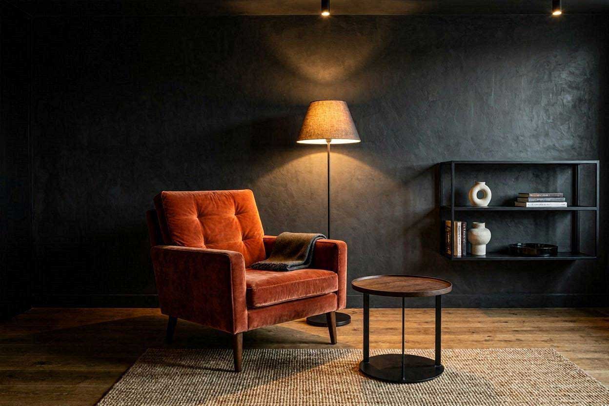 A mid-century modern rust chair creating a bold contrast against a dark charcoal grey living room wall.