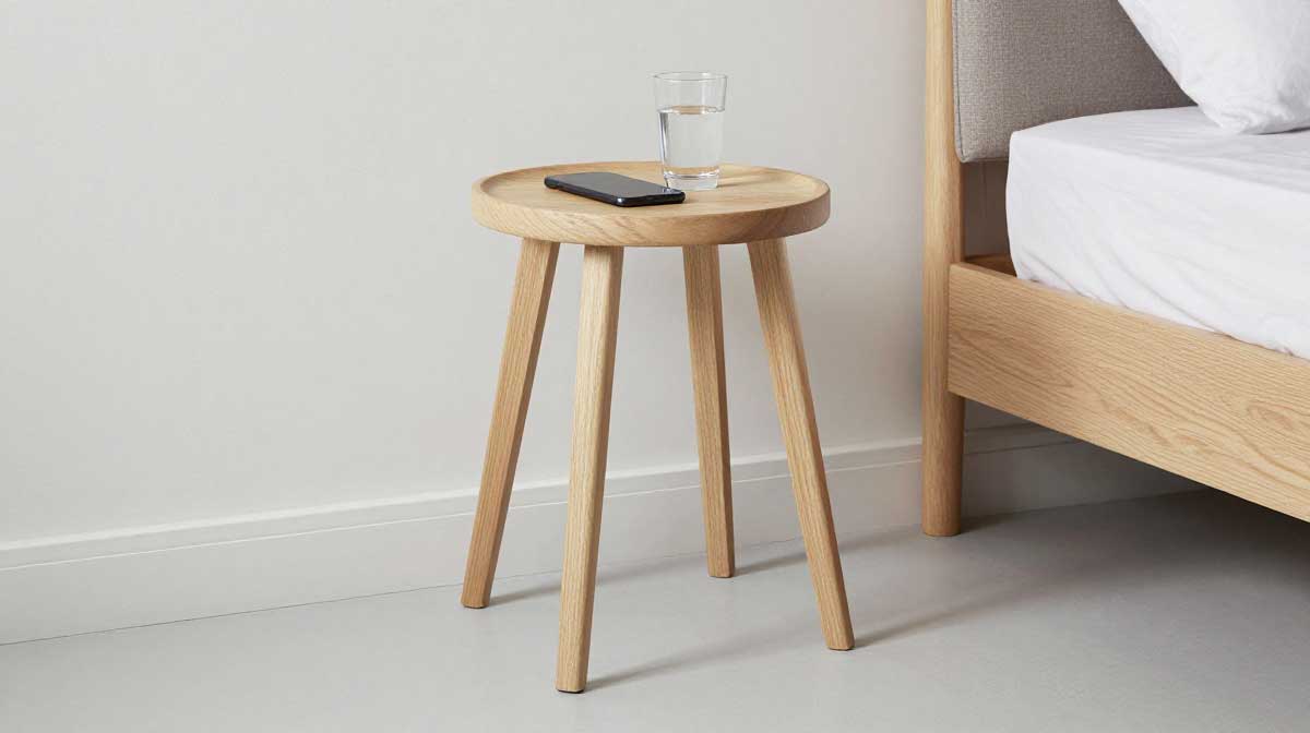 A sleek light oak wooden sitting stool with tapered legs repurposed as a minimalist bedside table alternative.