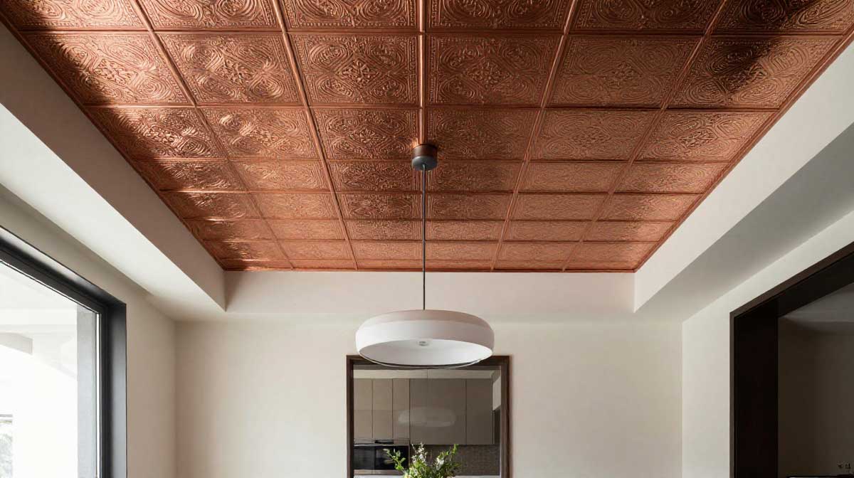 Antique copper faux tin panels with Victorian stamped patterns used as a modern alternative ceiling design.