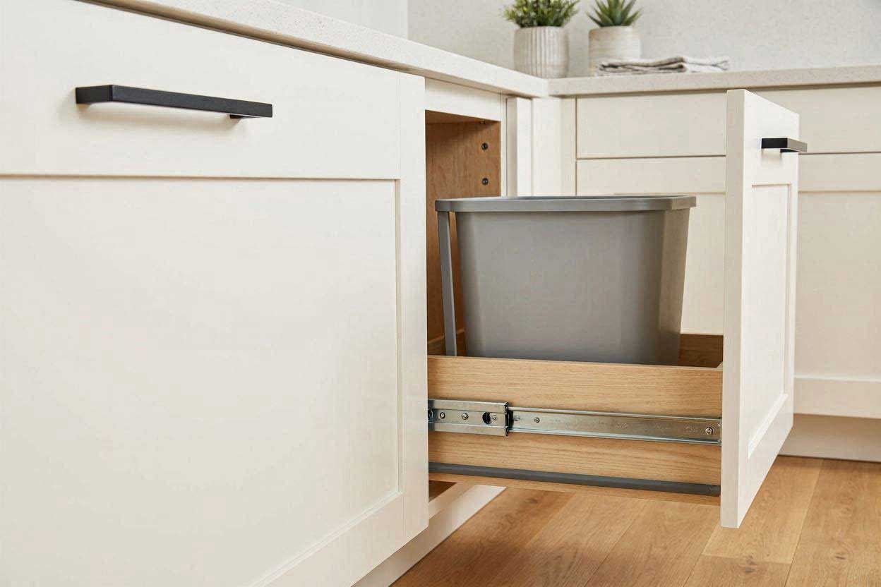 Close-up of a modern pull-out slider mechanism inside a narrow kitchen island holding a clean grey waste bin.