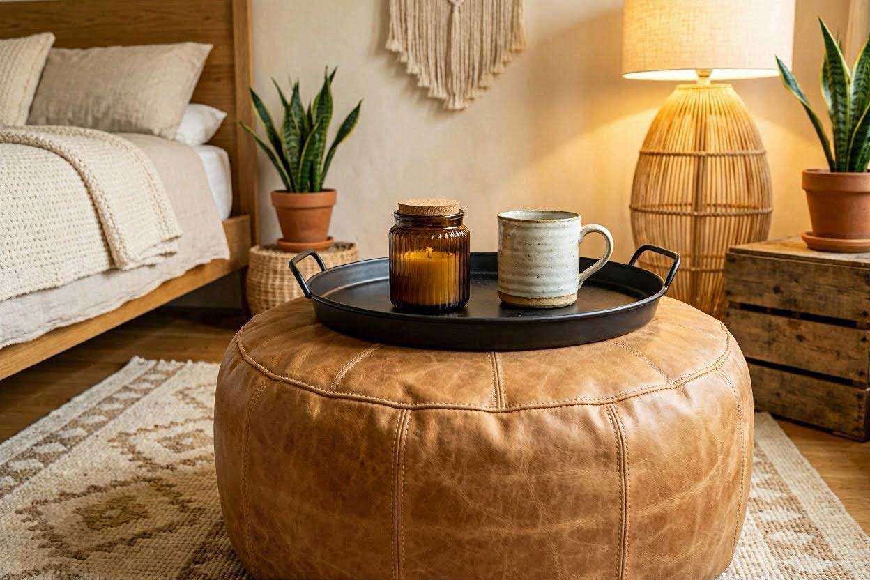 A round tan leather Moroccan pouf topped with a black metal tray used as a unique non-traditional nightstand.
