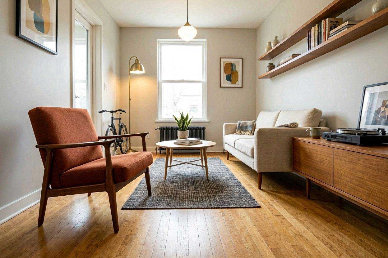 A small apartment corner featuring a slim open-leg rust chair to maximize visual space.