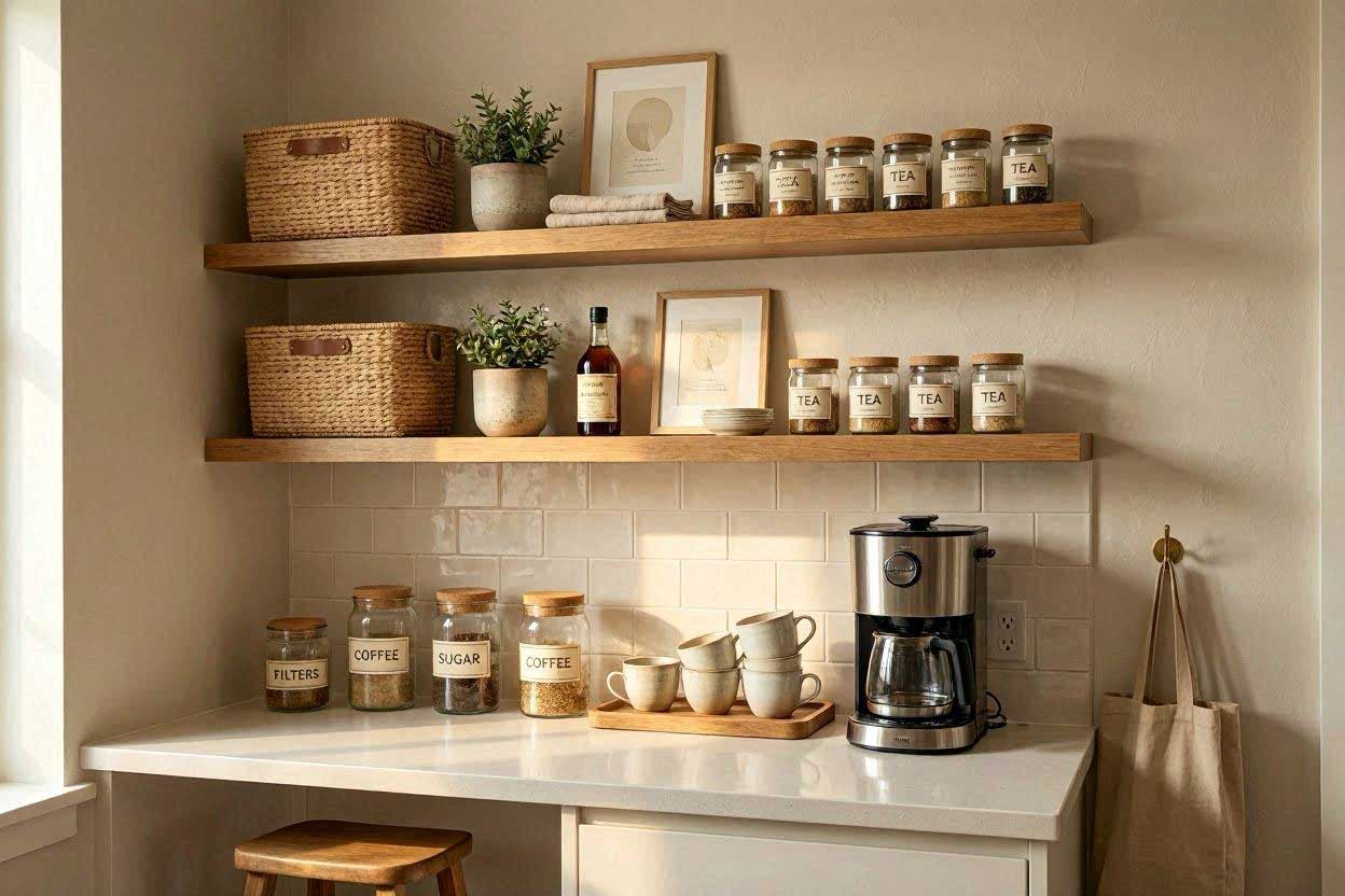 Functional Corner Coffee Station Design Organized small kitchen corner coffee station