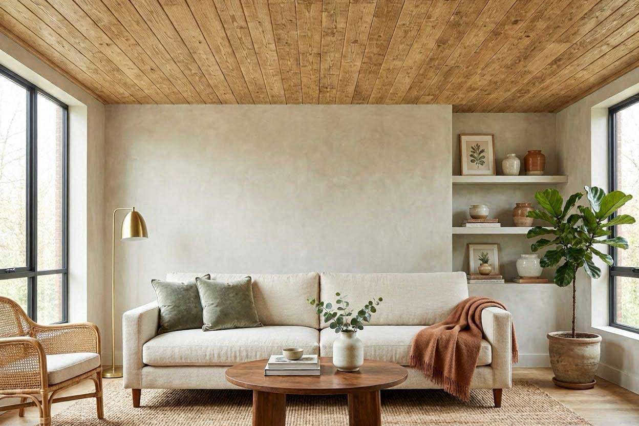 A vertical Pinterest-style photo showcasing an inspiring home interior with a unique and stylish alternative wood ceiling design.