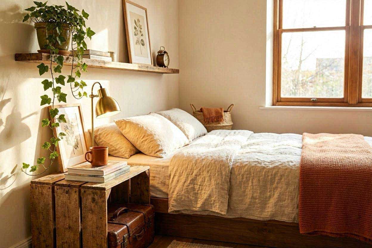 A vertical aesthetic Pinterest photo showcasing creative and cozy non-traditional alternative nightstand ideas.