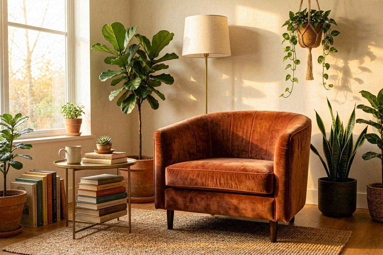 An aesthetic vertical Pinterest photo of a beautifully styled rust accent chair in a warm earth-tone reading nook.