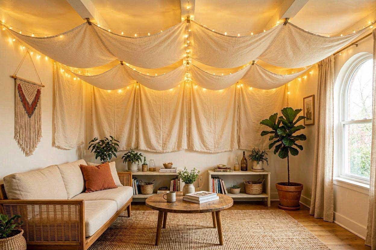 Elegant cream linen fabric draped in soft waves across a bedroom ceiling for a cozy, renter-friendly look.