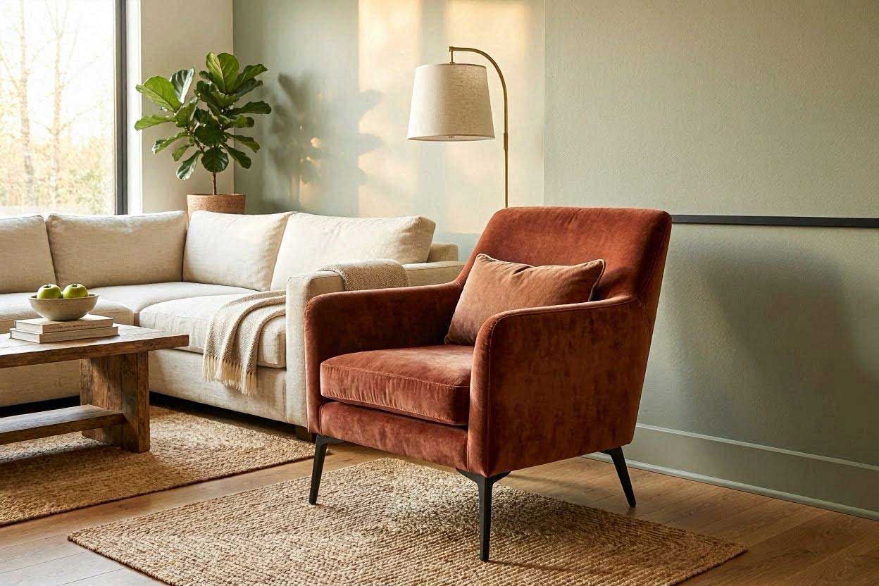 A burnt orange accent chair styled against a calming muted sage green wall and cream sofa backdrop.