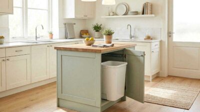 A small green kitchen island with a wooden countertop featuring a hidden pull-out trash can storage cabinet in a bright minimalist kitchen.