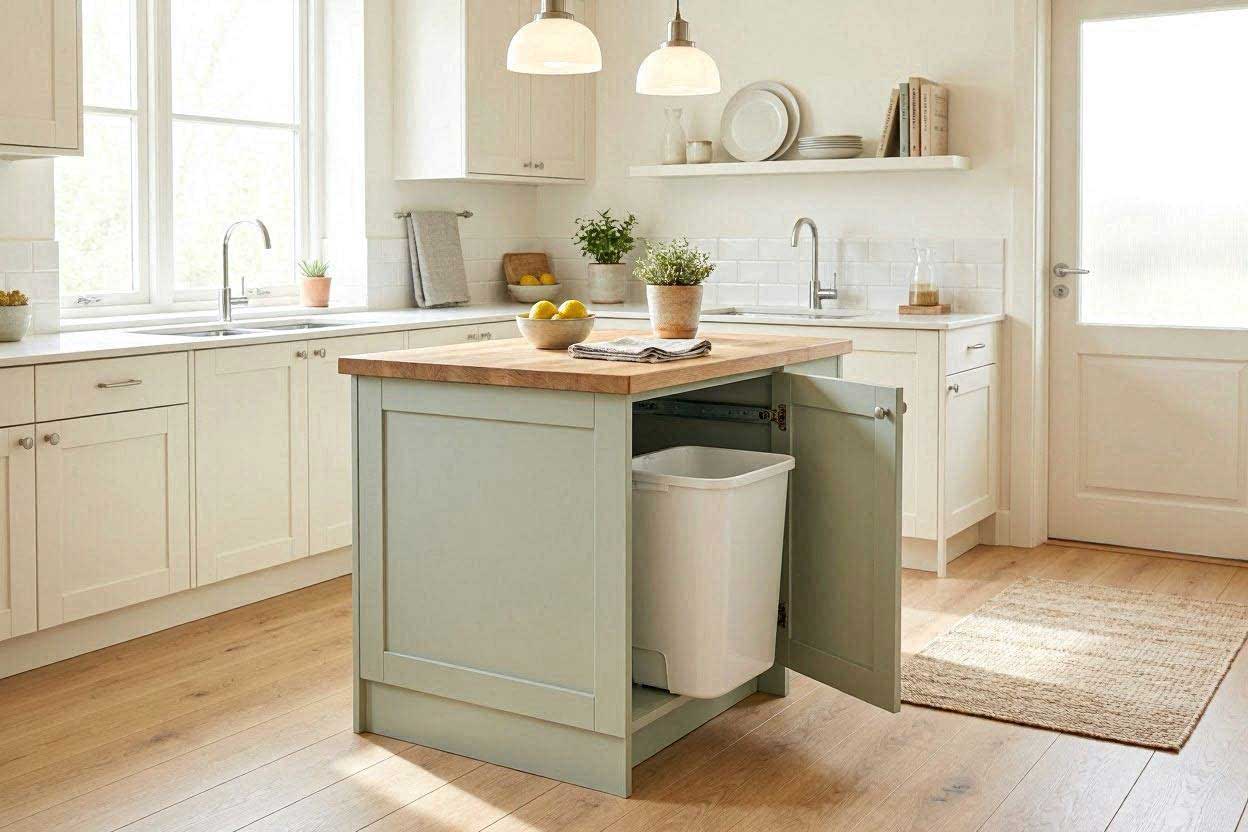 A small green kitchen island with a wooden countertop featuring a hidden pull-out trash can storage cabinet in a bright minimalist kitchen.