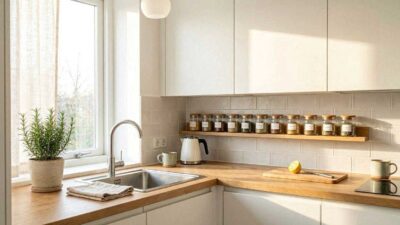A bright minimalist kitchen showing a neat rows of uniform glass spice jars on a wall-mounted wooden rack.