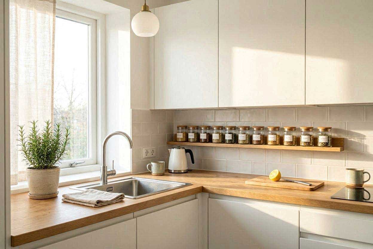 A bright minimalist kitchen showing a neat rows of uniform glass spice jars on a wall-mounted wooden rack.